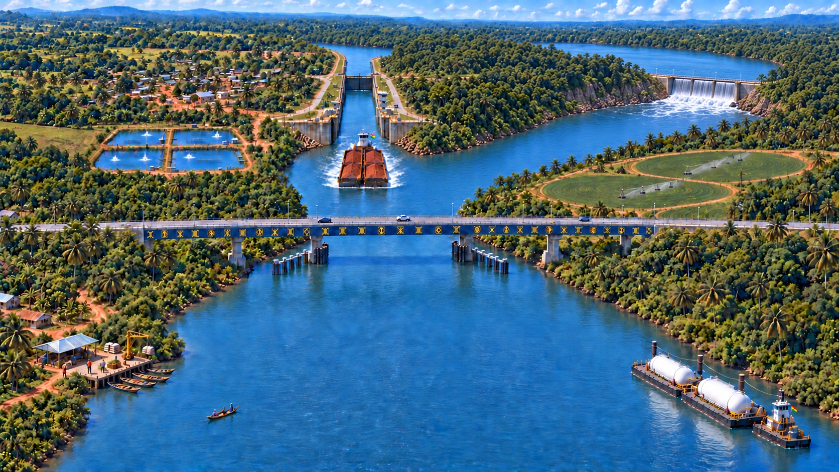Artist's impression: a cargo vessel leaves a lock on the Ankobra, below a road bridge and a weir.
